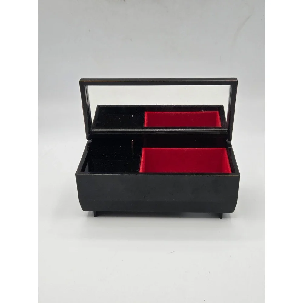 Vintage‎ Japanese Black Lacquer Wood Hand Painted Jewelry Music Box -Love Story